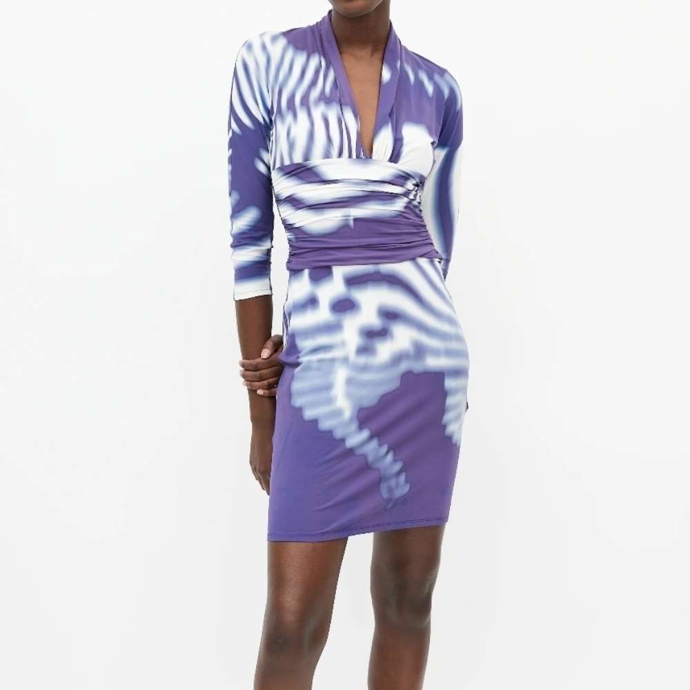 Roberto Cavalli Purple Tie-Dye Strech Rouched Mini Dress Size 46/XL